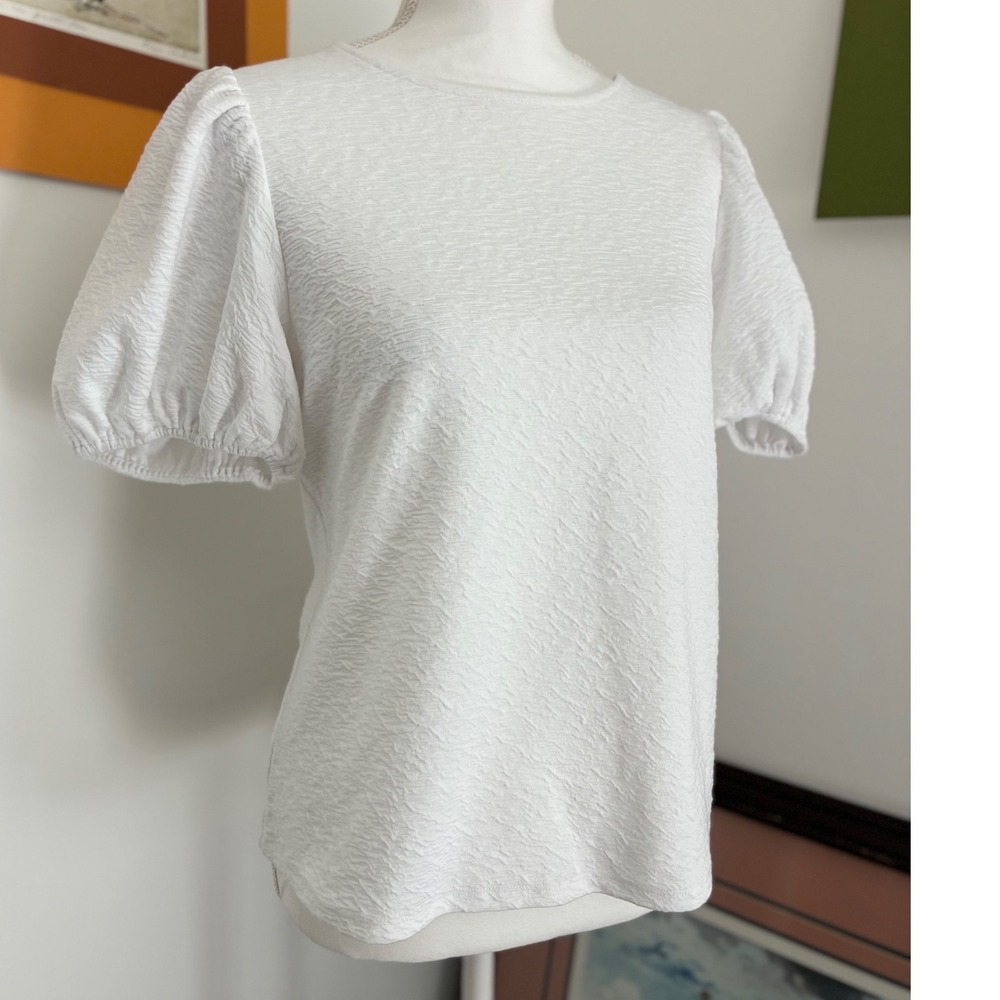 White Puff Sleeve Top Women XS Textured Seersucker Crew Neck
